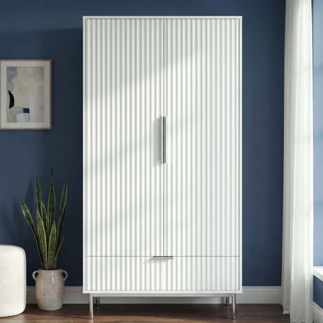 Fluted Painted 2 Door Wardrobe With Drawers and Hanging Rail - White