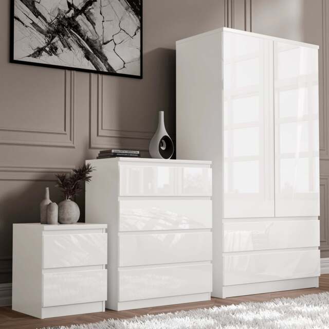 High Gloss 3 Piece Wardrobe Set With Chest of Drawers - White