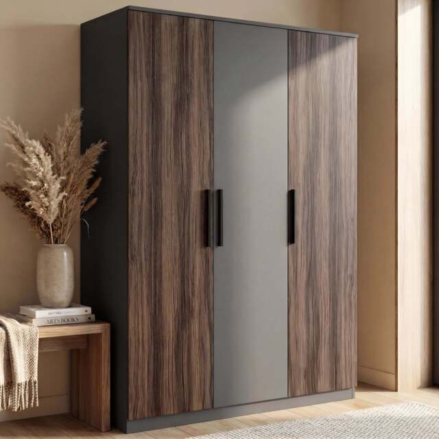 Blythe 3 Door Wardrobe with Adjustable Shelves and Hanging Rail - Walnut