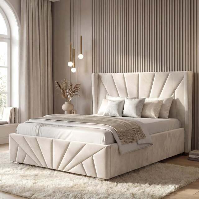 Velvet Ottoman Storage Bed - Sunrise Ottoman Bed Frame - Double (4ft6) / Beige