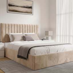 Vertical King Ottoman Storage Bed Beige Velvet