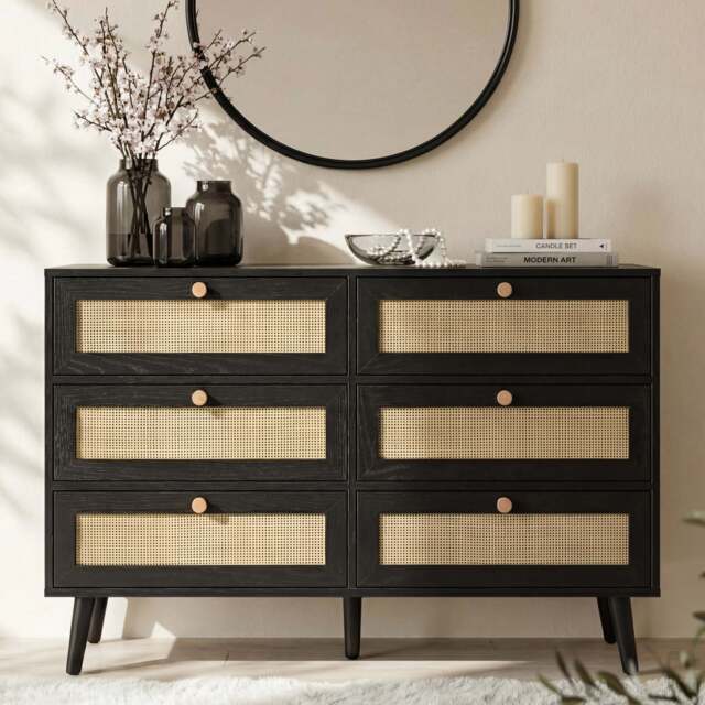 black and rattan dresser Brooke Curved 6-Drawer Oak Dresser main image 1