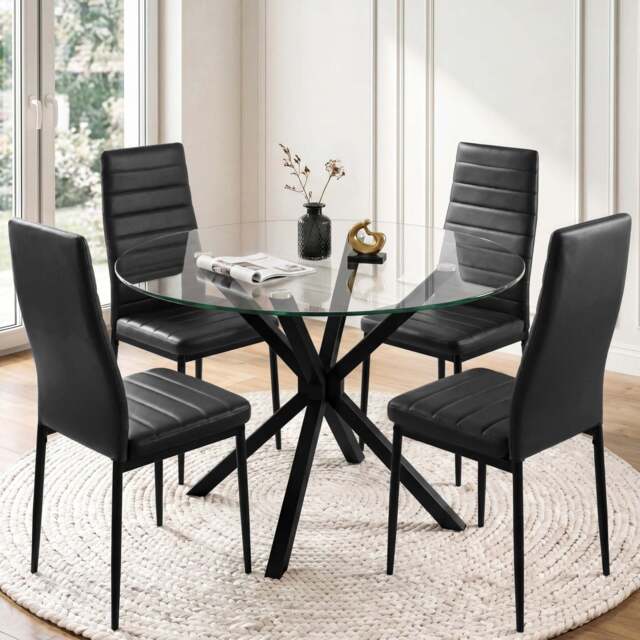 Skyra Round Glass Dining Table and 4 Chairs Set - Black
