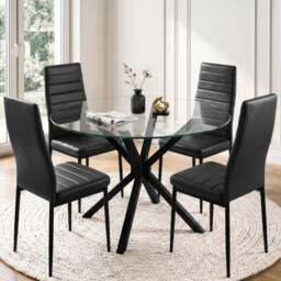 Skyra Round Glass Dining Table and 4 Black Chairs Set