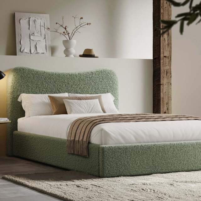 Curved Headboard Ottoman Storage Bed - Boucle Ottoman Bed Frame - Double (4ft6) / Sage Green