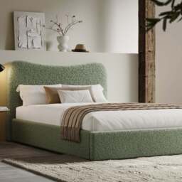 Curved Headboard Ottoman Storage Bed - Boucle Ottoman Bed Frame - Double (4ft6) / Sage Green