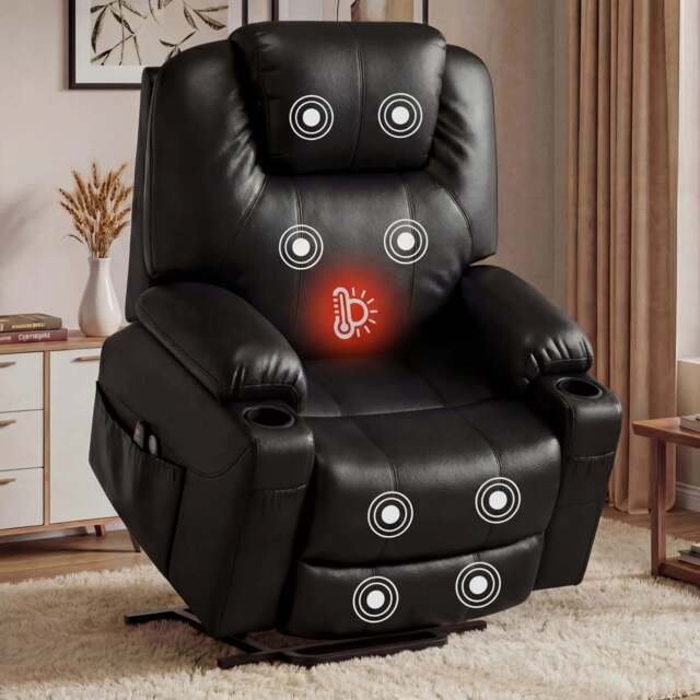 Electric Riser Recliner Chair For Elderly with Heat & Massage - Black