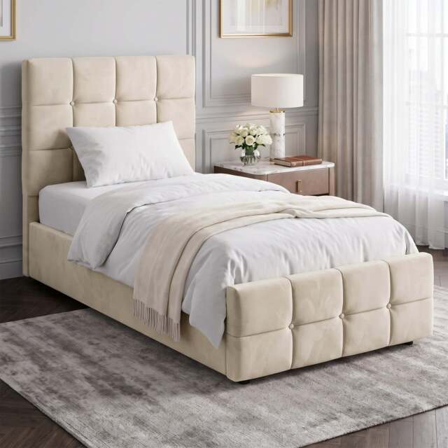 Square Ottoman Storage Bed - Velvet Ottoman Bed Frame - Single (3ft) / Beige