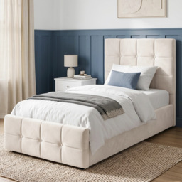 Square Ottoman Storage Bed - Velvet Ottoman Bed Frame - Single (3ft) / Beige