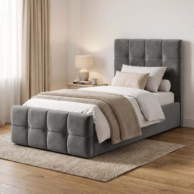 Square Ottoman Storage Bed - Velvet Ottoman Bed Frame - Single (3ft) / Dark Grey