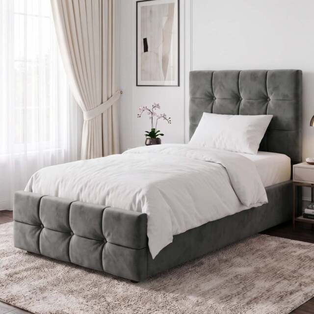 Square Ottoman Storage Bed - Velvet Ottoman Bed Frame - Single (3ft) / Dark Grey