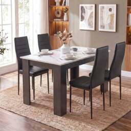 4-6 Seater Dining Table and Chairs Set, - White Marble Effect - thumbnail 2