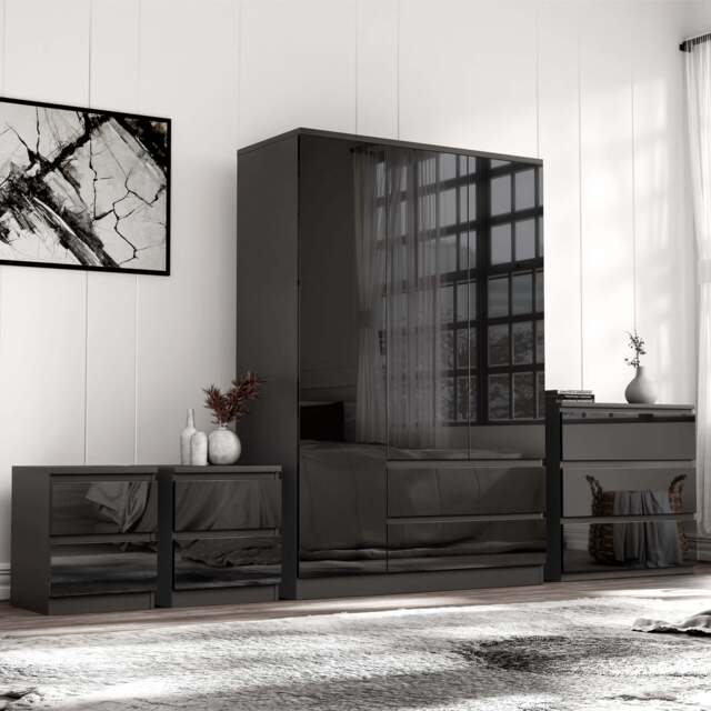 High Gloss 4 Piece Bedroom Set - Wardrobe & Chest of Drawers - image 1