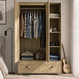 Kids Triple Wardrobe with Drawer & Open Shelves - Oak Effect - thumbnail 3