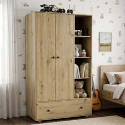 Kids Triple Wardrobe with Drawer & Open Shelves - Oak Effect - thumbnail 2