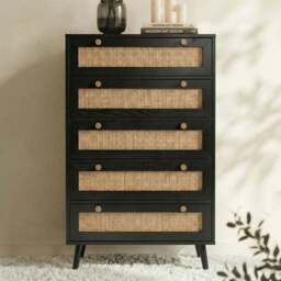 Wovena Black Rattan 5 Drawer Tallboy Chest of Drawers - thumbnail 1