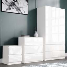 High Gloss 3 Piece Bedroom Set- 2 Door Wardrobe With Drawers - White