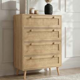 Woven Rattan 4 Drawer Chest of Drawers - Oak Effect