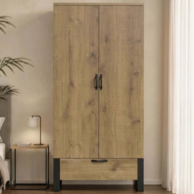 Industrial 2 Door Wardrobe with Drawer Oak Finish - image 1