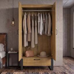 Industrial 2 Door Wardrobe with Drawer and Hanging Rail, Oak Effect - thumbnail 3