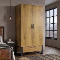 Industrial 2 Door Wardrobe with Drawer and Hanging Rail, Oak Effect - thumbnail 1
