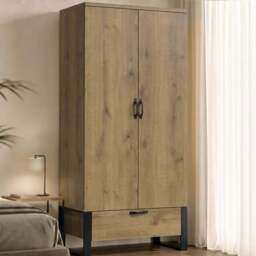 Industrial 2 Door Wardrobe with Drawer Oak Finish - thumbnail 2