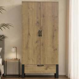 Industrial 2 Door Wardrobe with Drawer Oak Finish - thumbnail 1