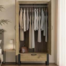 Industrial 2 Door Wardrobe with Drawer Oak Finish - thumbnail 3