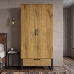 Industrial 2 Door Wardrobe with Drawer and Hanging Rail, Oak Effect - thumbnail 2