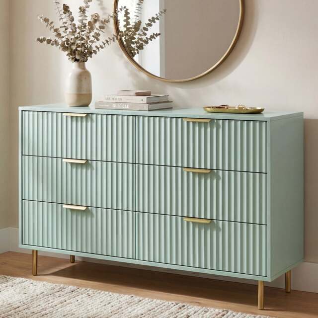 Flutrina Painted 6 Drawer Wide Chest of Drawers Bedroom Dresser - Sage Green