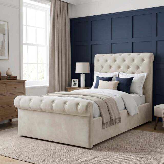 Chesterfield Ottoman Storage Bed Frame Side Lift - Single (3ft) / Beige