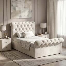 Chesterfield Ottoman Storage Bed - Side Lift Ottoman Bed Frame - Single (3ft) / Beige