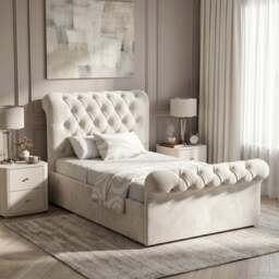 Chesterfield Ottoman Storage Bed - Side Lift Ottoman Bed Frame - Single (3ft) / Beige