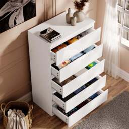 High Gloss Tall Chest of Drawers - 5 Drawer Chest Bedroom Drawers - thumbnail 3