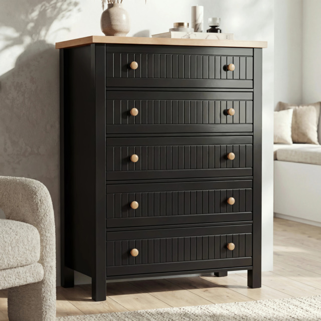 Linra Painted Tall 5 Chest of Drawers - Black Bedroom Drawers - image 1