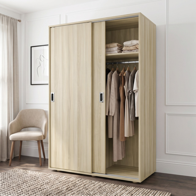 Torvek 2 Door Sliding Wardrobe with Shelves and Hanging Rail - Light Oak