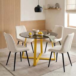 Kyvon Tinted Glass Round Dining Table Set with 4 Vertical Chairs - thumbnail 1