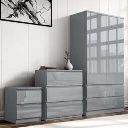 High Gloss 3 Piece Bedroom Set- 2 Door Wardrobe With Drawers - Grey