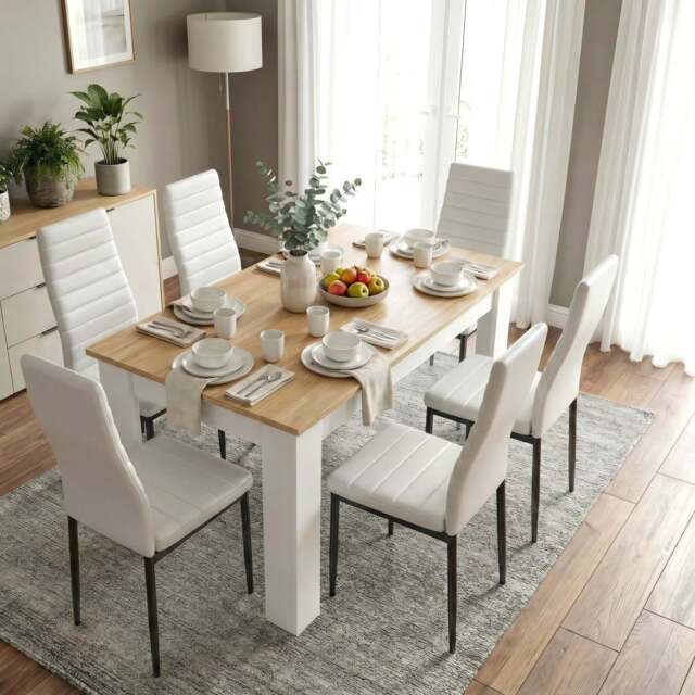 White & Pine 4-6 Seater Dining Table and Chairs Set - image 1