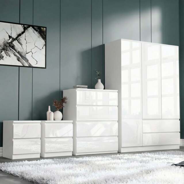 High Gloss 3 Wardrobe Bedroom Set with 4 Chest of Drawers & Nightstand - White