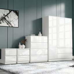 High Gloss 3 Wardrobe Bedroom Set with 4 Chest of Drawers & Nightstand - White