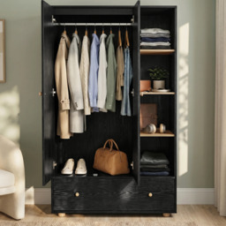 Kids Triple Wardrobe with Drawer & Open Shelves - Black - thumbnail 3