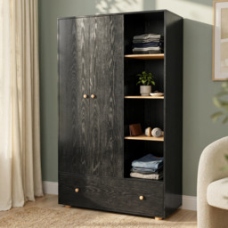 Kids Triple Wardrobe with Drawer & Open Shelves - Black - thumbnail 2