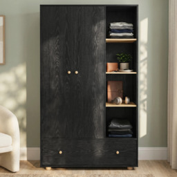 Kids Triple Wardrobe with Drawer & Open Shelves - Black - thumbnail 1