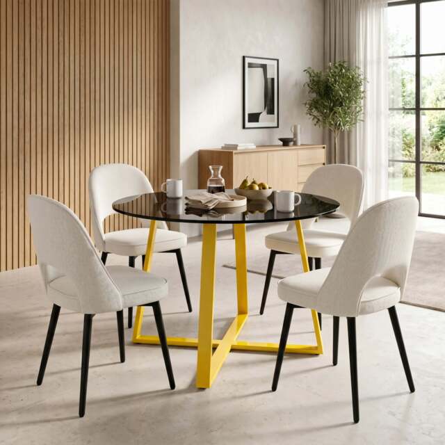 Kyvon Tinted Glass Round Dining Table Set with 4 Chairs - Cream