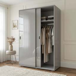 Torvek 2 Door Sliding Wardrobe with Shelves - High Gloss Grey - thumbnail 1