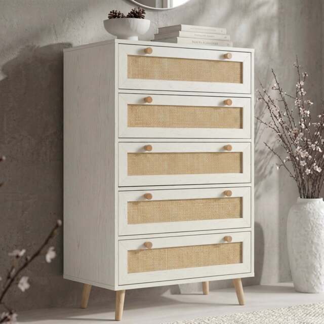Wovena Rattan 5 Drawer Tallboy Chest of Drawers - White