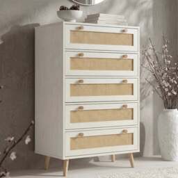 Wovena Rattan 5 Drawer Tallboy Chest of Drawers - White