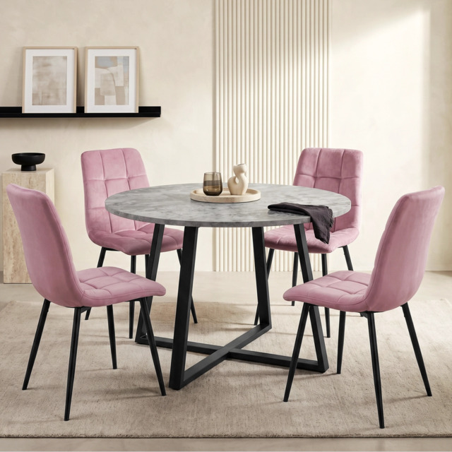 Kyvon Round Dining Table Set with 4 Chairs - Concrete Effect - Pink