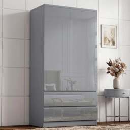 High Gloss 2 Door Wardrobe With Drawers and Hanging Rail - Grey
